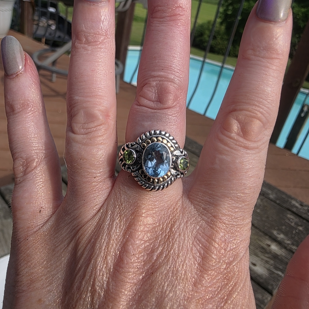 Estate Robert Manse Bali Designer Signed Genuine Blue Topaz And Peridot Ring - Picture 8 of 9